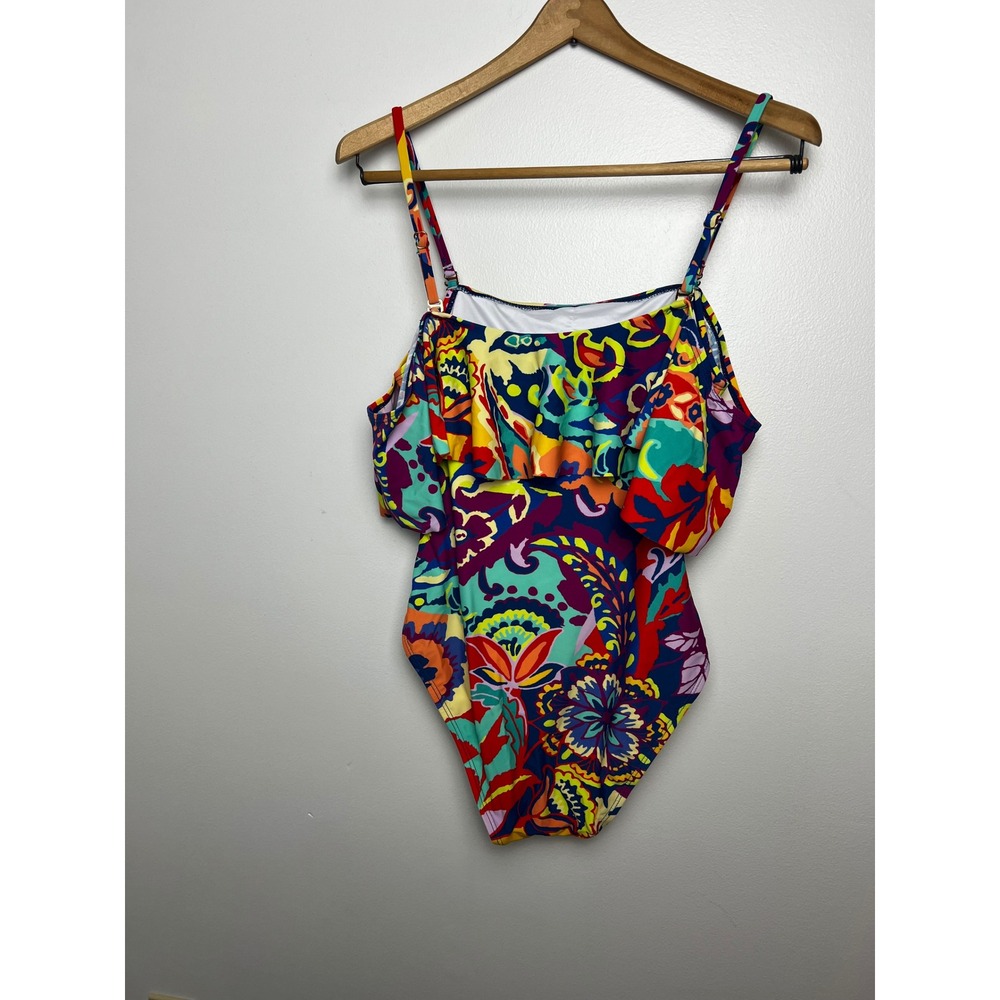 Tahari Womens Multi Color Paisley Ruffle One Piece Swimsuit Floral Ruched Large